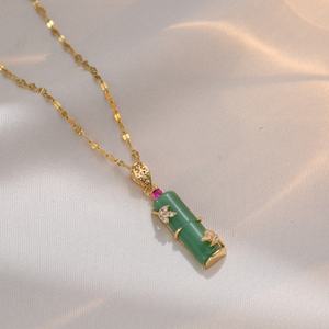 Cadena de Acero Inoxidable con Colgante de Jade Natural en Forma de Bambú, Cadena de Clavícula Vintage con Colgante de Jade Verde en Forma de Bambú - Product Image 2