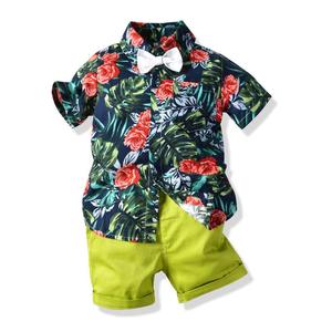 Ensembles de vêtements pour petit garçon imprimé de feuilles au prix de gros chemise avec nœud papillon pantalons courts vêtements d'été pour bébé garçon - Product Image 5