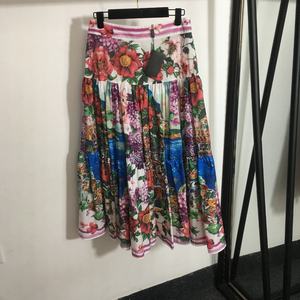 Nouvelle jupe midi taille haute style sicilien, imprimé floral coloré, grande jupe évasée respirante mi-longue pour les vacances - Product Image 1