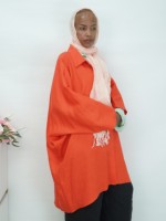 Chemise longue ample en lin orange, entièrement boutonnée, à manches chauve-souris, en tissu uni, élégante, formelle, respirante, pour femmes musulmanes, usage quotidien