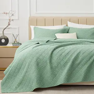 Selimut lembut ringan kain poliester hijau muda semua musim sprei pola kotak Modern selimut Set
