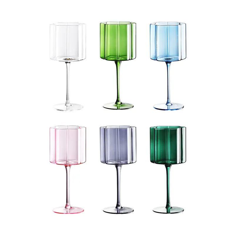 Pink green blue ribbed flower wave glassware wholesale crystal colored wedding drinking wine goblet vertical stripe glass cup