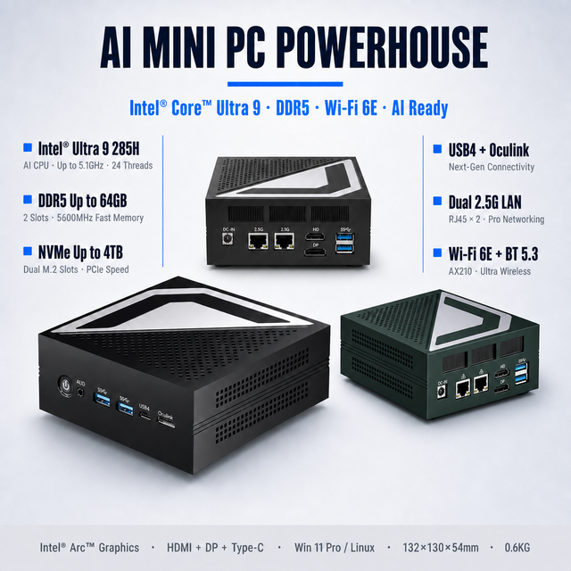 Mini PC Con Windows 11 MQ90 Intel Ultra 5 125H Arc DDR5 64GB NVMe 4TB WiFi 6E BT5.3 USB4.0 RJ45x2 DP Type-C AI Desktop PC