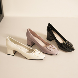 5688-13 Solid Square Toe Pumps <b>Block</b> Heel Fashion Trend Buckle Formal Women Shoes - Product Image 1
