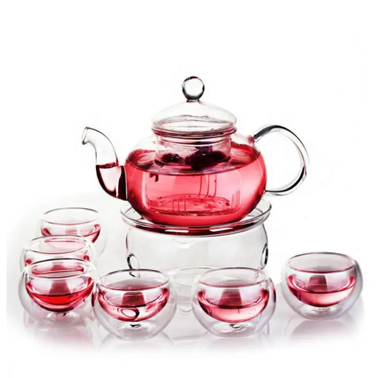 Handgemaakte Hoge Borosilicate 600Ml Clear Draagbare Glas Kopje Thee Sets Met Thee Warmer Loodvrij Custom Glas Thee Pot met Zetgroep