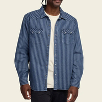 Kemeja Denim Kasual Bergaris Ramah Lingkungan 100% Katun Model Western 2-Saku Regular Fit Grosir