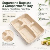 Plateau rectangulaire biodégradable en bagasse à 4 compartiments pour la préparation des repas, les stands de restauration, les événements et la restauration en gros