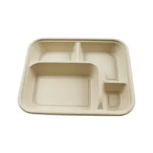 100% compostable Heavy Duty tùy chỉnh phân hủy sinh học bã mía dùng một lần 8 inch 4 ngăn hình chữ nhật giấy tấm