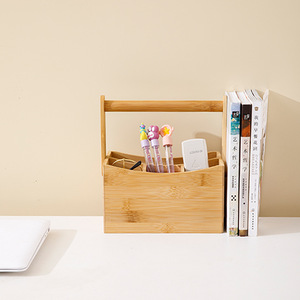 Caja de Almacenamiento de Bambú, Organizador Multicompartimento, Soporte de Escritorio para Oficina, Tipo Rectangular, Color Sólido, Parte Superior Abierta, con Asa - Product Image 3