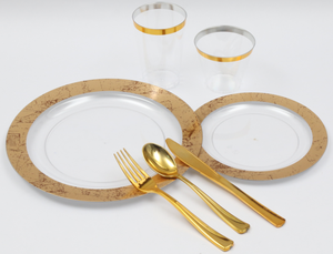 Services de vaisselle <span class=keywords><strong>jetables</strong></span> en plastique doré, gobelets et assiettes de 9 oz avec <span class=keywords><strong>couverts</strong></span> à bord blanc et doré pour événements de mariage - Product Image 6