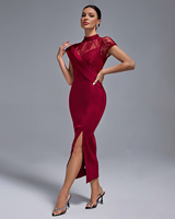 Robe de soirée mi-longue moulante Ocstrade Fashion pour femme, bordeaux, avec empiècements en dentelle, col montant, manches courtes, style bandage, élégante et décontractée