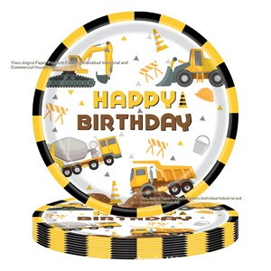 Vaisselle de fête d'anniversaire sur le thème des engins de chantier pour garçon, décorations jaunes d'excavatrice, plateaux en papier ronds/carrés, gobelets, serviettes jetables - Product Image 3