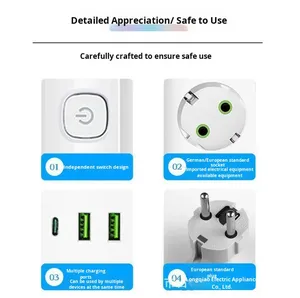 USB <strong>Smart</strong> Switch 10A ABS Power <strong>Strip</strong> 3 USB Ports 2 Outlets EU Standard Zero Live Wire Detection Independent Switch Control - Product Image 2