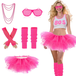 Vente flash : <span class=keywords><strong>haut</strong></span> en maille <span class=keywords><strong>rose</strong></span> fluo avec bandeau, boucles d'oreilles, colliers pour Halloween, danse disco, costume de fête rétro années 80 pour femmes - Product Image 5