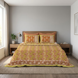 Parure de lit en coton imprimé floral ethnique King Size, blanche, fabriquée à la main à Jaipur, Inde, avec 2 taies d'oreiller - Product Image 3