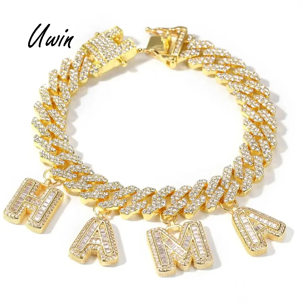 DIY Custom Baguette Letter 12mm Cuban Chain Bracelet Personalize Initial Name Necklace Hip Hop Jewelry