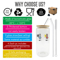 Entrepôt américain 12 16 20 Oz blanc de Sublimation givré clair verre à bière avec couvercle en bambou et paille en verre Transparent