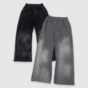 طقم بدلة رياضية مخصص بتصميم فضفاض مع سحاب ومرصع بالأحجار الكريمة للجنسين، بنطلون واسع وهودي للرجال، ملابس الشارع، بدلة رياضية بغسيل حمضي - Product Image 3