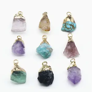 Natural Gemstone Raw Pendant Tiny Gemstone Charm Gilded Crystal Pendant For Jewelry Making