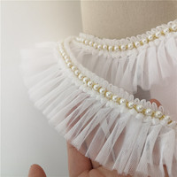 Bande de dentelle plissée en organza de 2,2 pouces (5,5 cm) avec perles blanches pour la décoration de robes Lolita, jupes, pulls, DIY