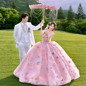 Sweet Strapless Ball Gown Wedding Dress Empire Waist Pink Colorful Floral Outdoor Photoshoot Couple Outfit - Product Image 1