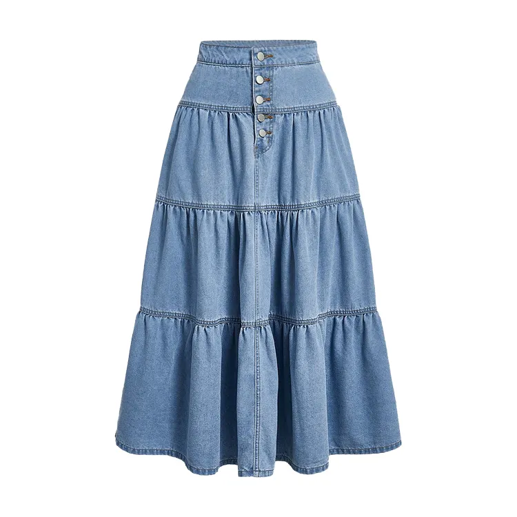 Falda larga de loto de mezclilla lavada azul claro hasta el tobillo con botones de cintura alta personalizada para mujer