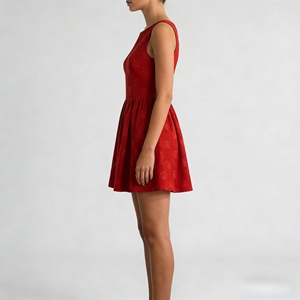 Mini Abito Personalizzato in Jacquard Floreale Rosso per Donne, Collo Tondo, Spalle Scoperte, Linea A, Vita Alta, Traspirante, Stile Elegante per Feste e Casual - Product Image 2