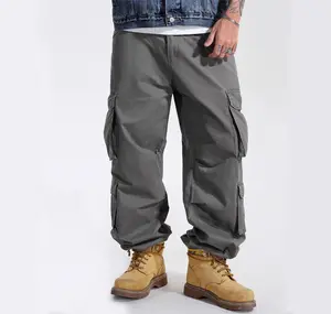Hot Sale Outdoor Hiking Cotton Cargo Twill Pants Men Streetwear Casual Straight Wide Leg Pants Multi Pocket Cargo Pants Men