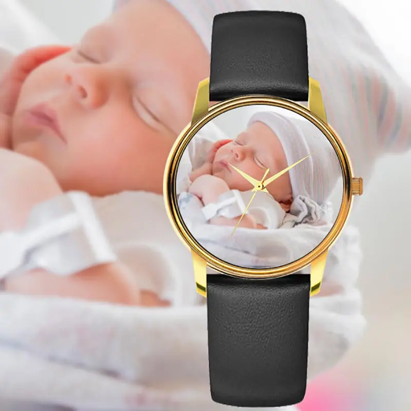 Hot Sale Custom Logo DIY Baby Fotos Zifferblatt Geschenk Japanische Bewegung Wasserdichte Handgelenk Quarz Geschenk uhr Für Männer Frauen