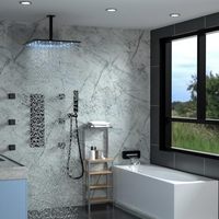 HOMEDEC Robinet thermostatique en laiton noir à poignée unique de 12 pouces, système de douche LED à 5 voies avec jet pluie et bec de baignoire cascade douce