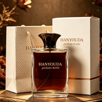 Vente en gros de flacons de parfum rectangulaires HANYOUDA de 100 ml, bouchon en métal doré, verre cristallin épaissi, pulvérisateur à pompe, gravure dorée