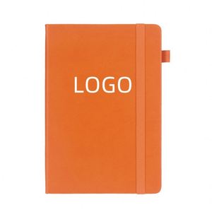 Carnet de notes A5 à couverture rigide en cuir PU, ligné, avec reliure cousue, imprimé orange personnalisé, avec porte-stylo – Promotion - Product Image 1