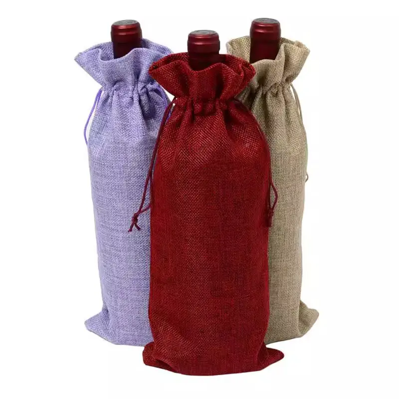 Custom Logo In Stock Wholesale Burlap Party Wedding Gift Plain Jute Drawstring Bag For Wine Packaging