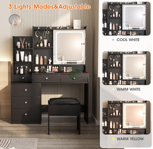 Table de maquillage moderne <span class=keywords><strong>avec</strong></span> <span class=keywords><strong>miroir</strong></span>, 6 tiroirs, étagère, prise de courant, 2 couleurs (noir/blanc) - Product Image 4