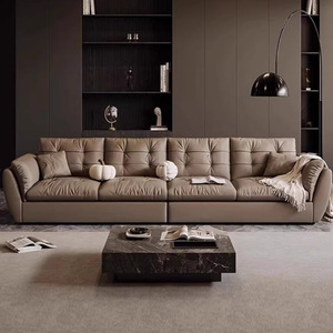 Mocha Genuine Leather Lazy <b>Sofa</b> Down Filled Straight Couch Top Grain Leather Solid <b>Wood</b> <b>Frame</b> for Small Living Room - Product Image 1