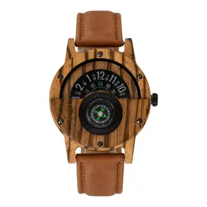 Shenzhen Watch Factory's Luxury Compass Watches OEM Design Eco-Friendly Wooden Case with Genuine Leather Band