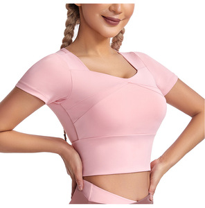 Maglietta attillata da palestra a compressione <span class=keywords><strong>Fitness</strong></span> a maniche corte da Yoga atletica da <span class=keywords><strong>donna</strong></span> - Product Image 2