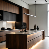 Armoires de cuisine KOJOON sur mesure, couleur personnalisée, design intérieur de luxe, tiroir de rangement intégré, OEM, table de travail en bois foncé, armoires de cuisine