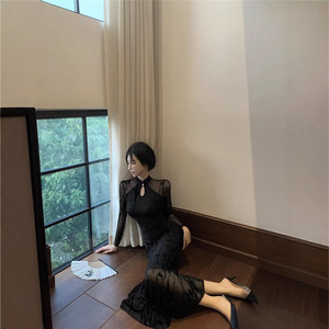 Elegant Fitted Bodycon Fishtail Maxi Dress High Neck Sheer Layer Chinoiserie Party Stage Evening Dress Natural Waistline - Product Image 3
