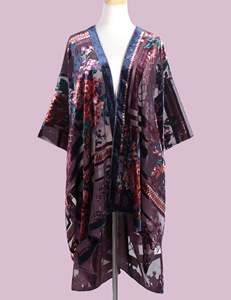 Jiyun <span class=keywords><strong>Kimono</strong></span> en velours burnout pour femmes <span class=keywords><strong>Cardigan</strong></span> extra long pour dames couvrir avec pompon fleur noire sans pompon - Product Image 3
