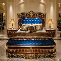 Ensemble de chambre à coucher en cuir de luxe, lit et table de chevet en bois sculpté à la main de style baroque européen pour mobilier de chambre principale
