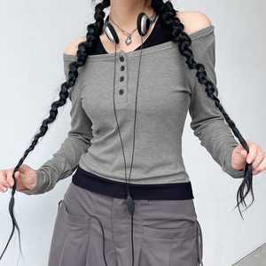 Camiseta de manga larga acanalada para mujer, camiseta con botones en la parte delantera y hombros descubiertos, estilo coreano para uso diario - Product Image 2