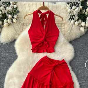 Summer Women's <b>Sexy</b> Solid Woven Halter Backless Tunic Top and High Waist Skirts <b>Set</b> Polyester/Cotton Anti-Wrinkle Wholesale - Product Image 4