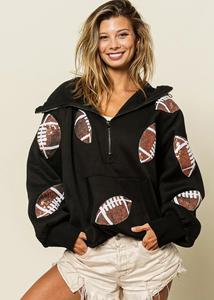 Fútbol negro media cremallera lentejuelas bordado Sudadera con capucha mujer ropa peso pesado bolsillo algodón de manga larga talla grande juego sudaderas con capucha - Product Image 5