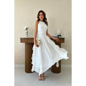 ชุดแต่งงานผ้าชีฟองสีขาวหรูหรา ทรงเอไลน์ คอแบบผูก สายเดี่ยว ระบายช่วงเอว ผ้าระบายอากาศดี กระโปรงพลิ้วสวย - Product Image 4