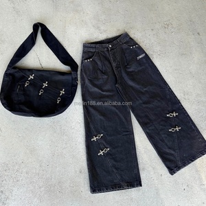 Pantalon en jean vintage coupe large et évasée, délavé à l'acide, avec crochet de fixation personnalisé et boucle de pompier, en denim épais, style baggy - Product Image 1