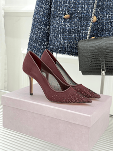 Jimmy High Quality Fashionable Women'S <b>Shoes</b> Wine Red Mesh Inlaid With Same Color Rhinestones Comfortable And Breathable Chooing - Product Image 1