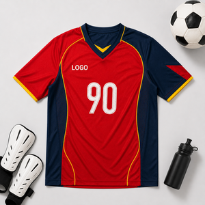 Maillot de football personnalisé pour homme, rouge et bleu, à manches courtes, col en V, respirant, impression par sublimation, avec numéro 90 et logo frontal - Product Image 2