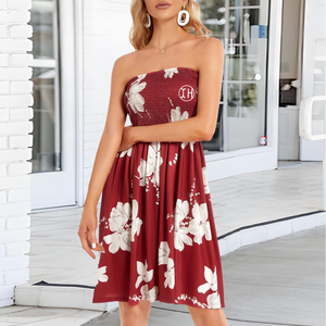 Ingrosso da donna elegante senza spalline stampa floreale Mini abito Casual a trapezio a trapezio abiti da spiaggia - Product Image 6
