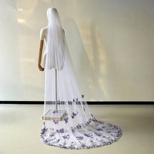 طرحة زفاف رومانسية جديدة بتصميم عصري ثلاثي الأبعاد مع زهور بنفسجية، طبقة واحدة قصيرة - Product Image 5